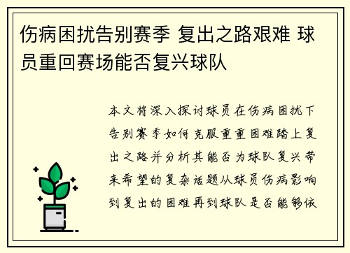 伤病困扰告别赛季 复出之路艰难 球员重回赛场能否复兴球队