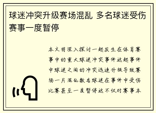 球迷冲突升级赛场混乱 多名球迷受伤赛事一度暂停