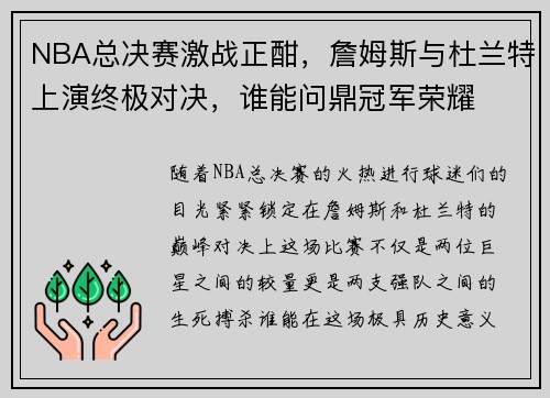 NBA总决赛激战正酣，詹姆斯与杜兰特上演终极对决，谁能问鼎冠军荣耀
