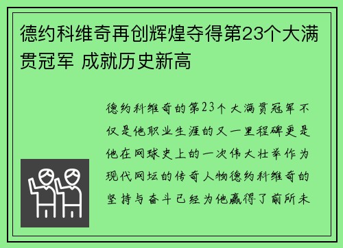 德约科维奇再创辉煌夺得第23个大满贯冠军 成就历史新高